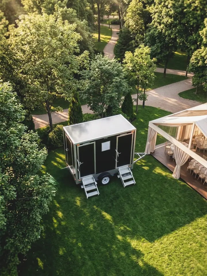 Restroom trailer set on a lawn at an outdoor wedding
